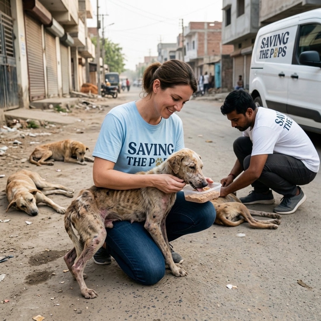 Shelter dog being helped